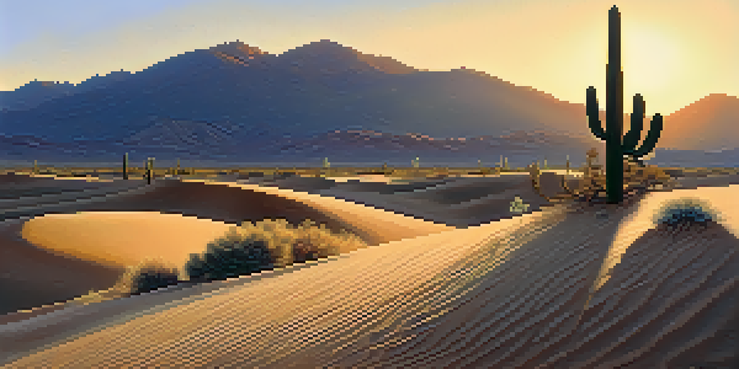 A desert landscape at sunrise with a small Peyote cactus, sand dunes, and distant mountains.