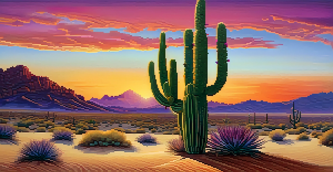 A small Peyote cactus stands in a sandy desert landscape with a colorful sunset in the background.