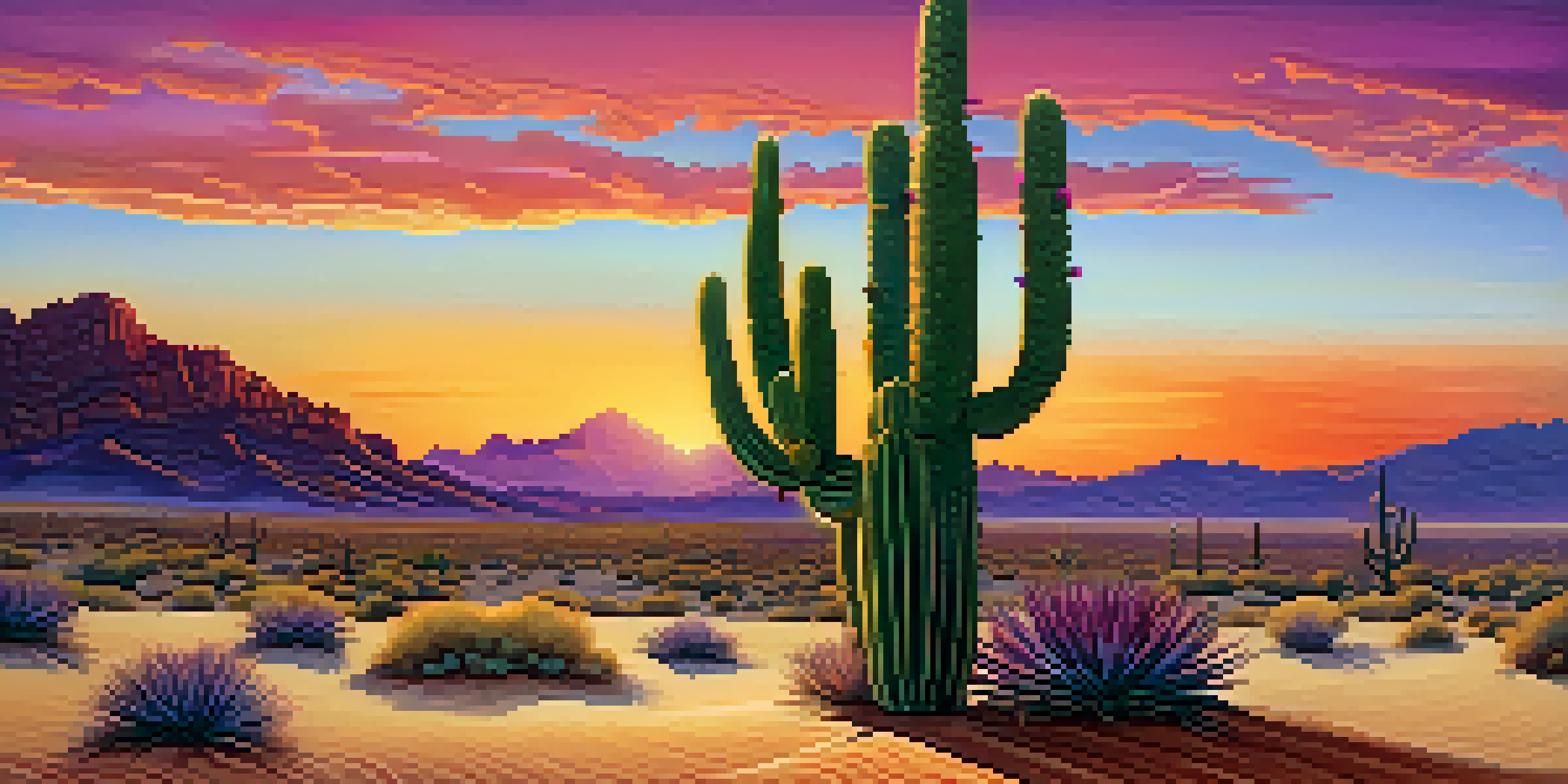 A small Peyote cactus stands in a sandy desert landscape with a colorful sunset in the background.