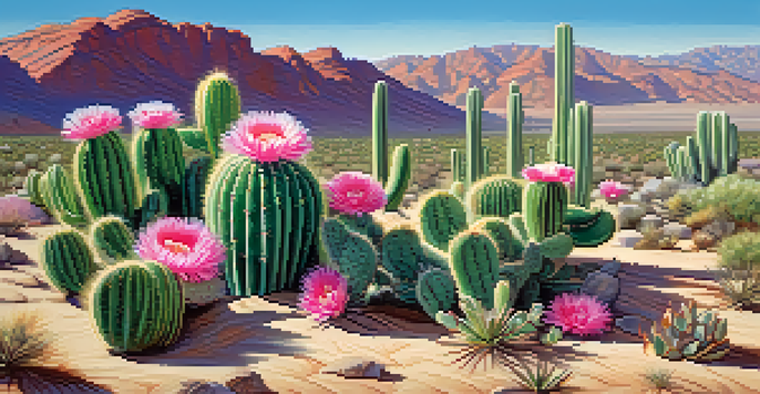 A peaceful desert scene featuring peyote cacti with pink flowers under a blue sky and soft sunlight casting shadows.