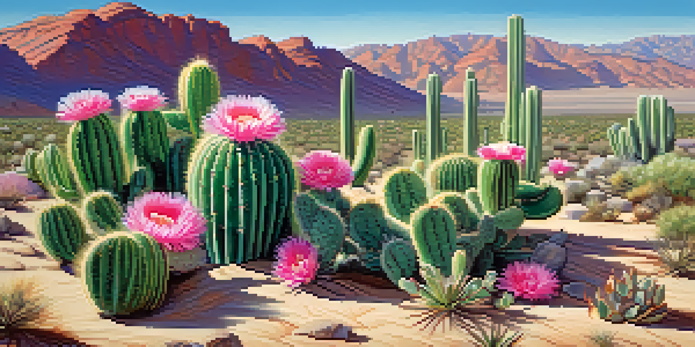A peaceful desert scene featuring peyote cacti with pink flowers under a blue sky and soft sunlight casting shadows.