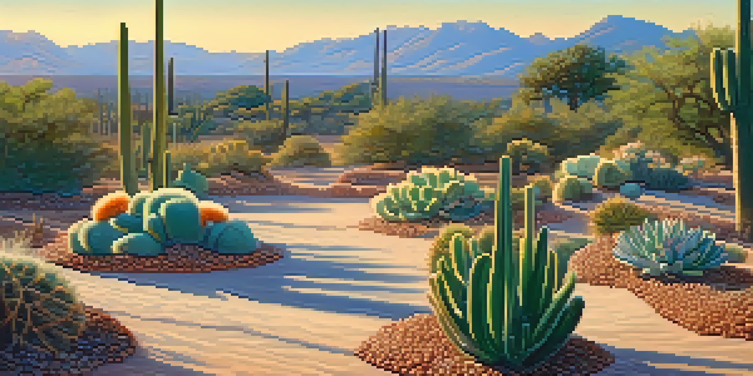 A peaceful garden of peyote cacti at sunrise, with soft light and a clear blue sky.