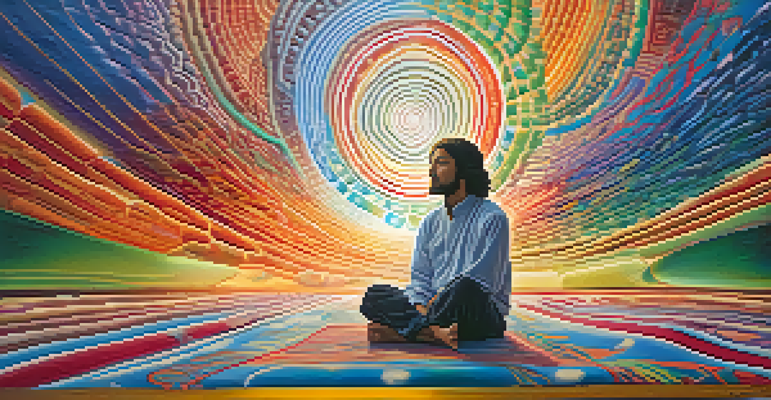 A person sitting cross-legged on a colorful mat, surrounded by abstract patterns and soft light, representing a moment of clarity during a peyote journey.