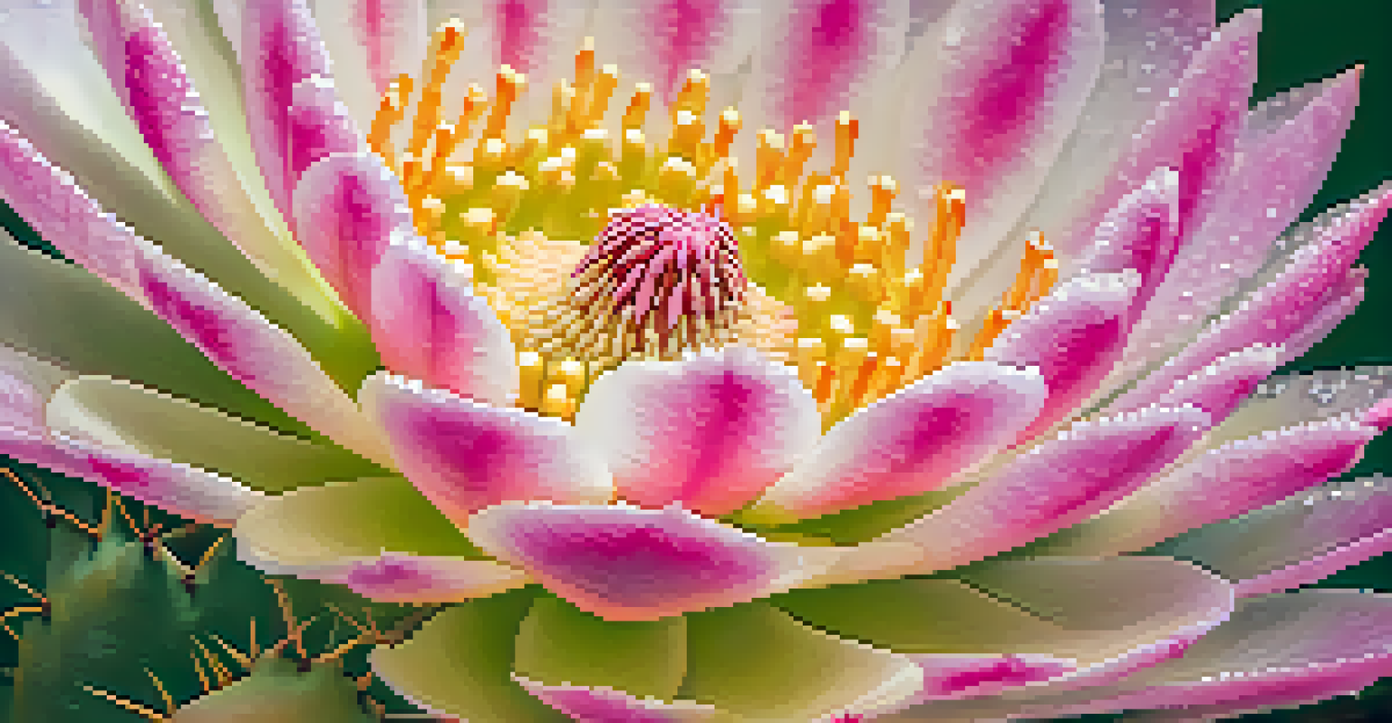 A detailed view of a blooming peyote cactus flower with dewdrops.