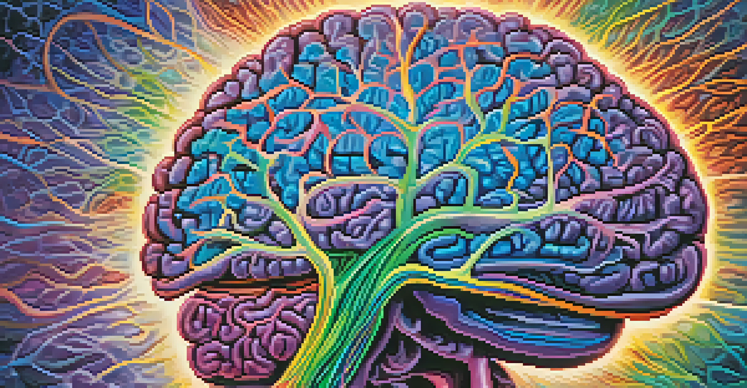 An artistic illustration of a human brain with colorful patterns representing altered states of consciousness.