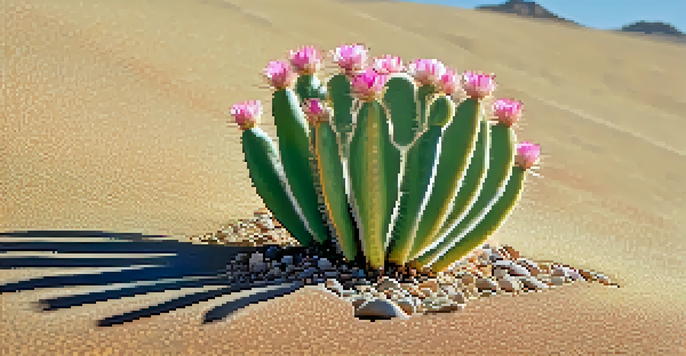 A close-up of a Peyote cactus with pink flowers in the desert, illuminated by golden sunlight.