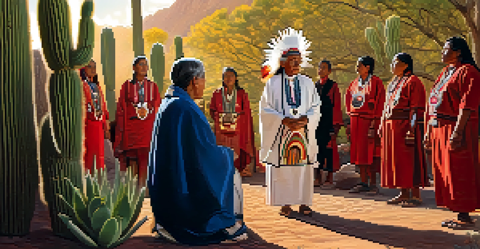 An Indigenous elder conducting a peyote ceremony with participants in a natural setting.