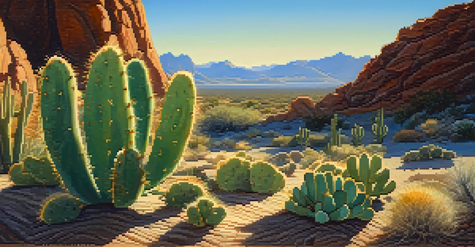 A small peyote cactus in a desert landscape with warm sunlight and distant mountains.