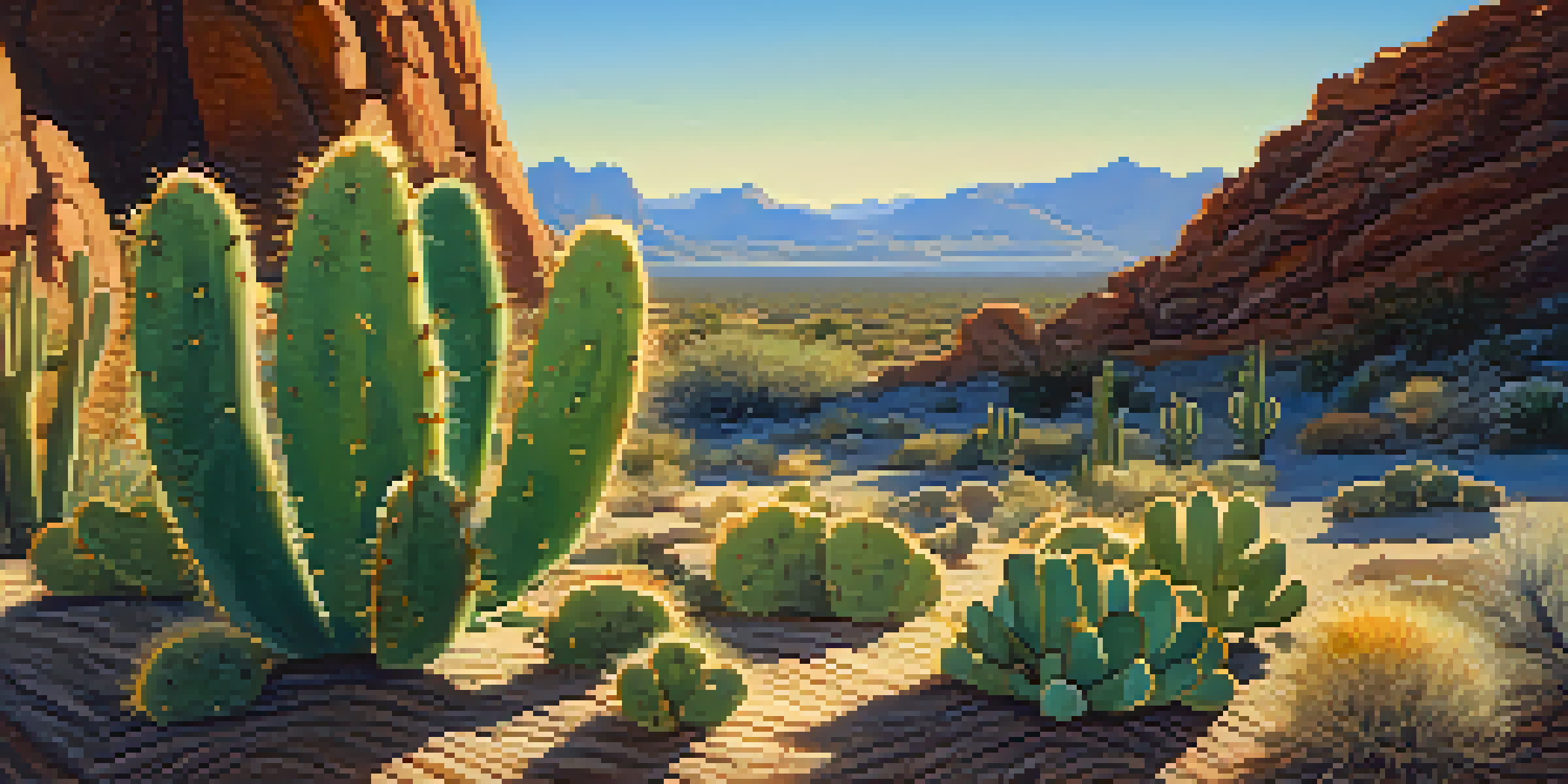 A small peyote cactus in a desert landscape with warm sunlight and distant mountains.