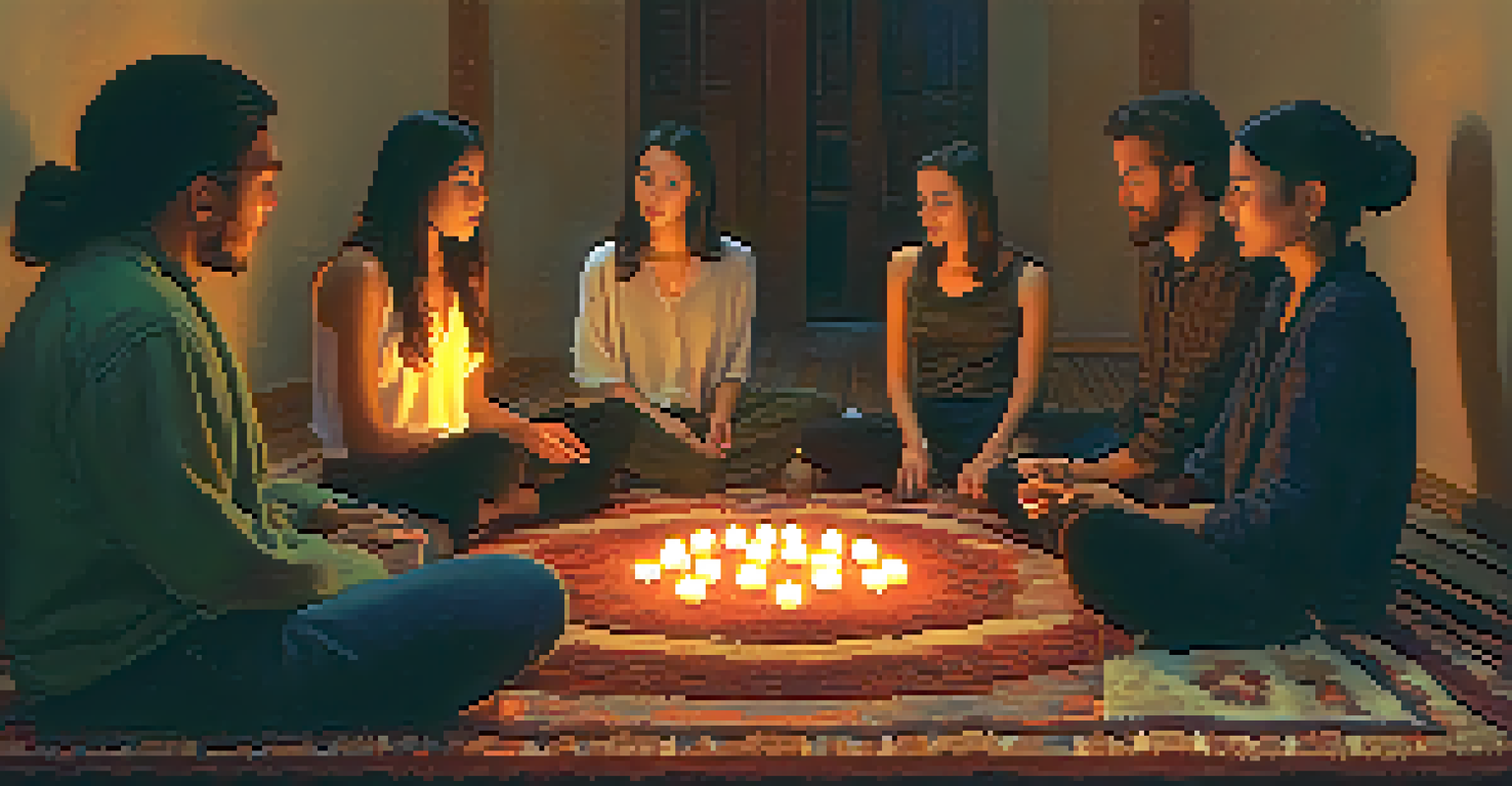 A cozy indoor space with people discussing peyote, surrounded by candles and a bowl of peyote buttons.