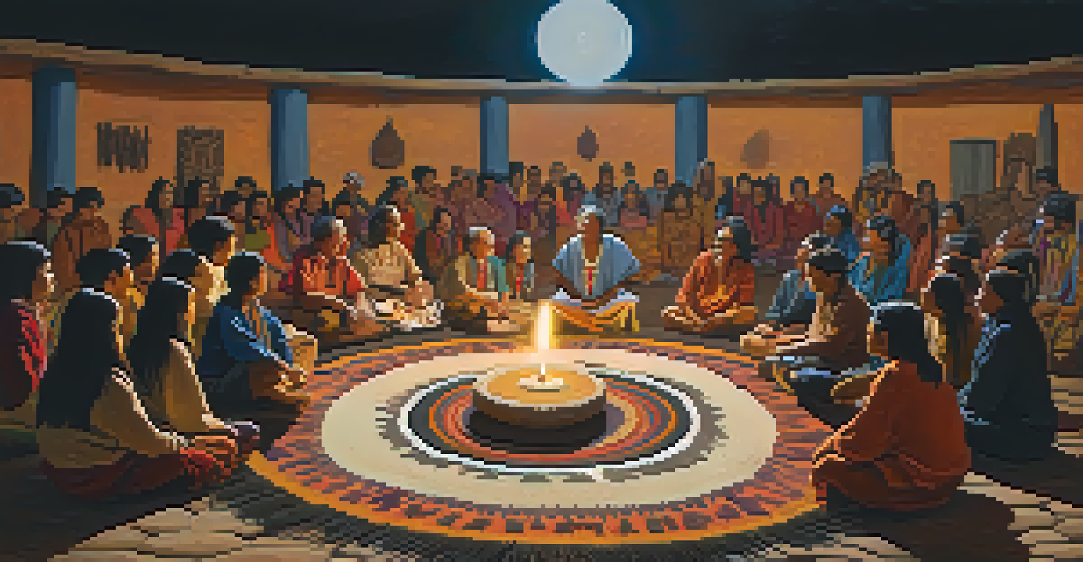 An Indigenous shaman leading a peyote ceremony with participants, illuminated by candlelight, creating a sacred and warm atmosphere.
