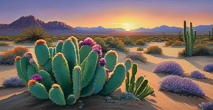 A peyote cactus in a colorful desert landscape at sunset, with warm hues illuminating the scene.