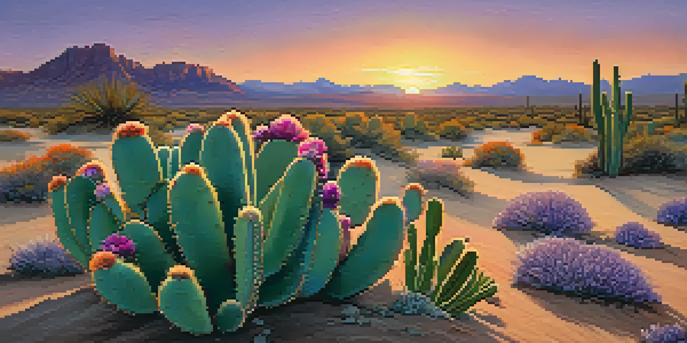 A peyote cactus in a colorful desert landscape at sunset, with warm hues illuminating the scene.