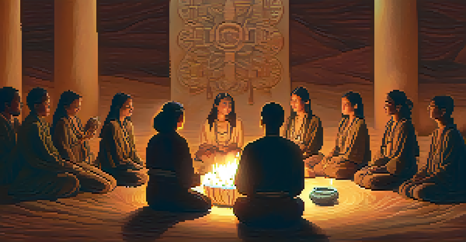 A group of people participating in a Peyote ceremony, seated in a circle with candles and traditional items around them.