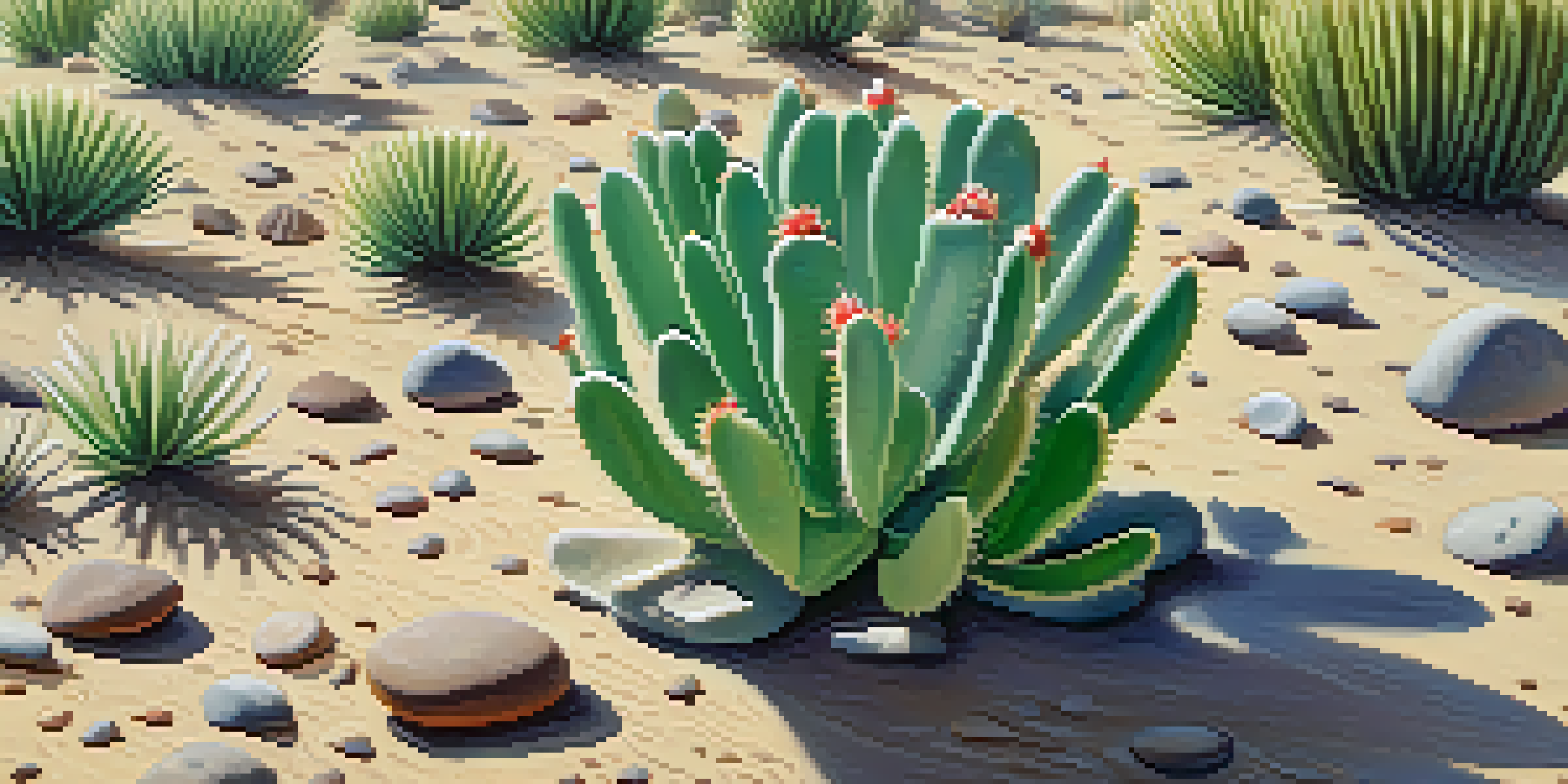 A detailed close-up of a Peyote cactus with small rounded buttons, set in a sandy desert environment with pebbles and soft sunlight.