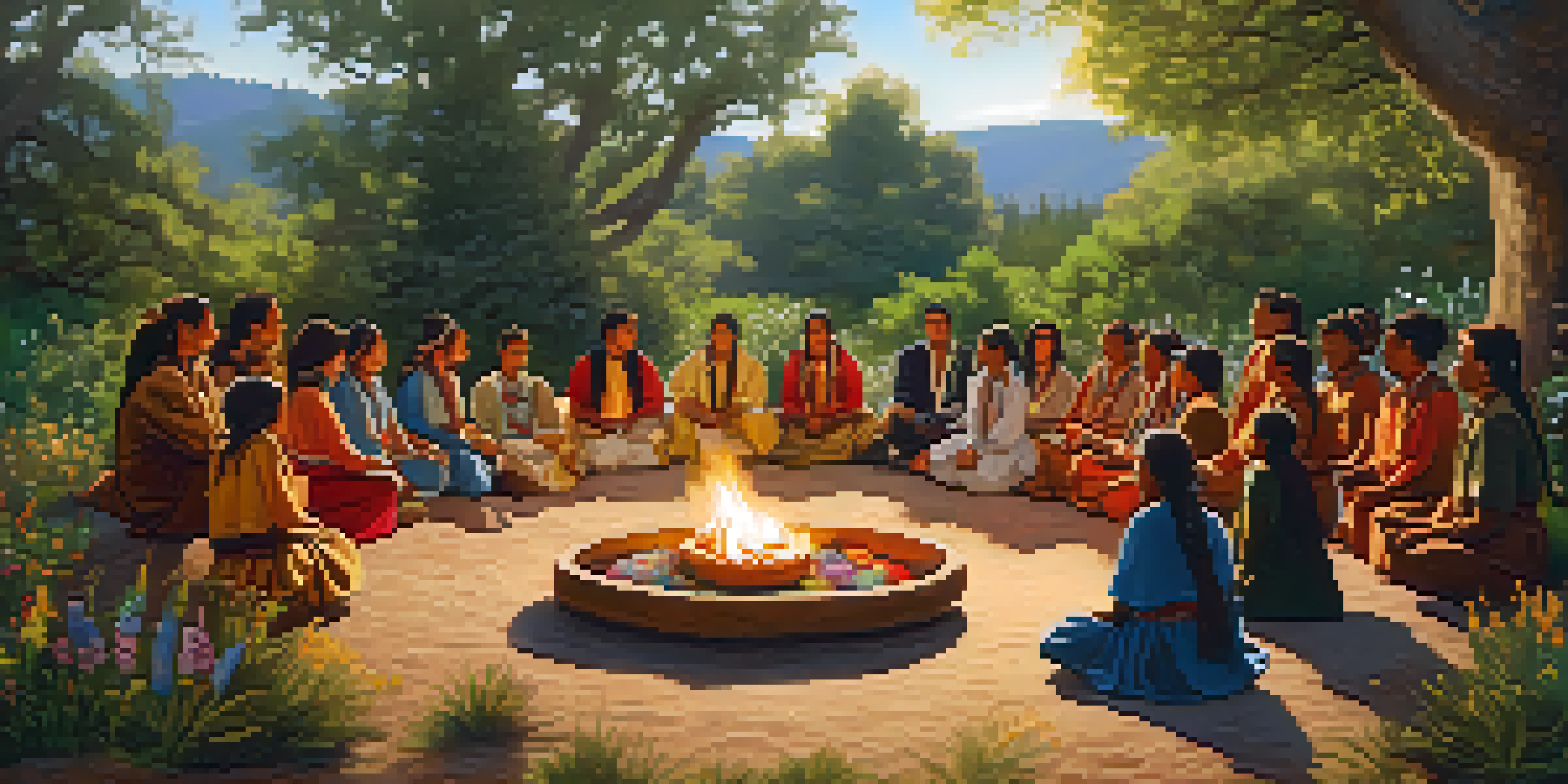 A peaceful gathering of people in traditional attire around a fire in a lush green setting, participating in a Peyote ceremony.