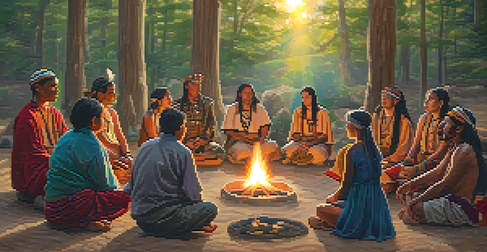 A peyote ceremony with participants in a circle around a fire, led by a shaman playing a drum, surrounded by trees and natural light.