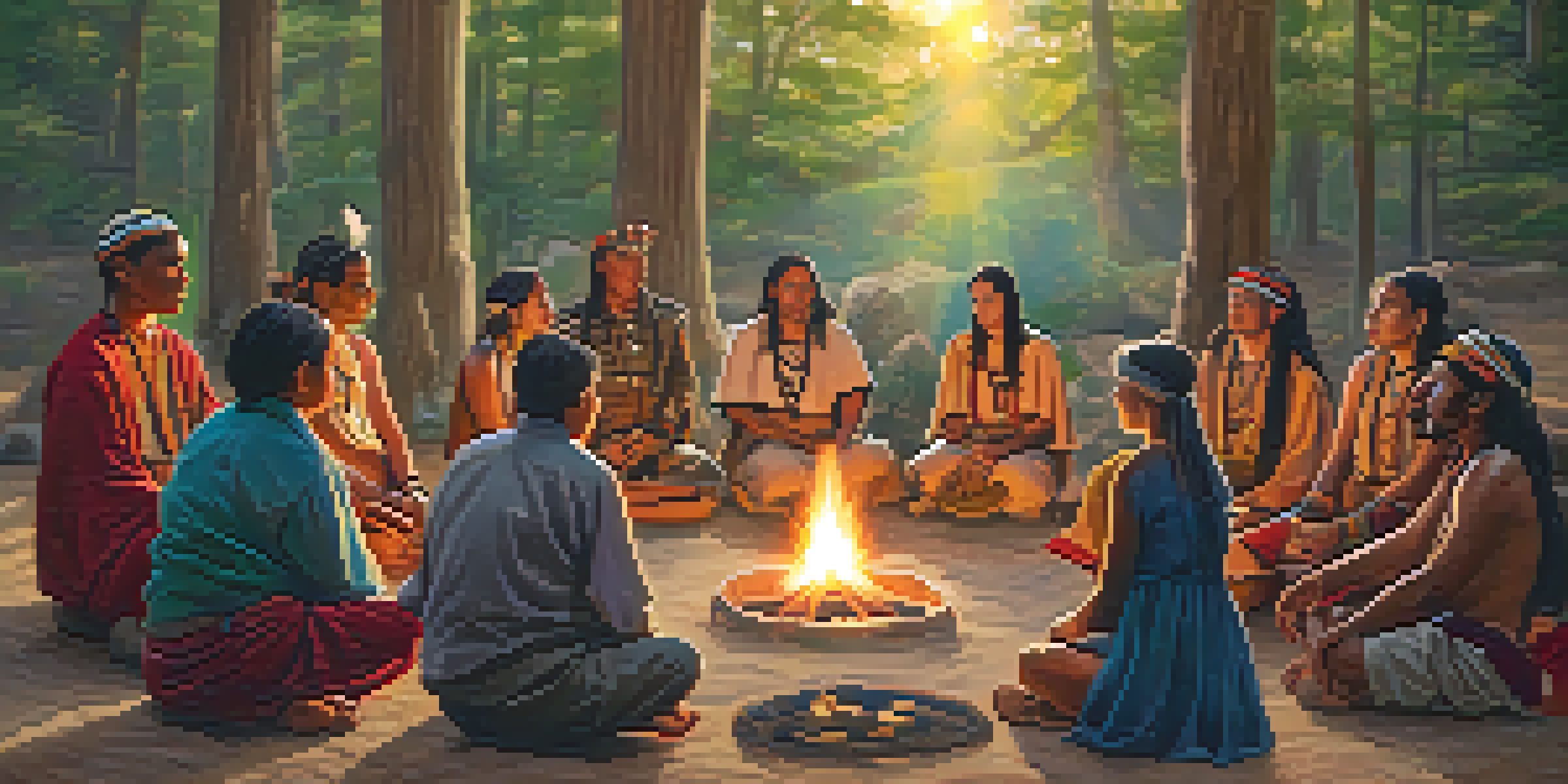 A peyote ceremony with participants in a circle around a fire, led by a shaman playing a drum, surrounded by trees and natural light.