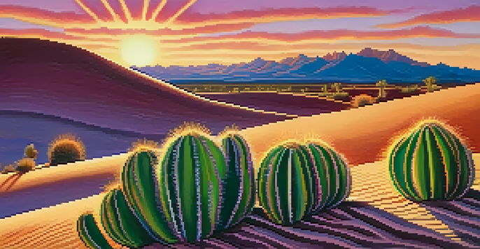 A peyote cactus in a desert landscape during sunset, with vibrant colors in the sky and soft sand dunes in the background.