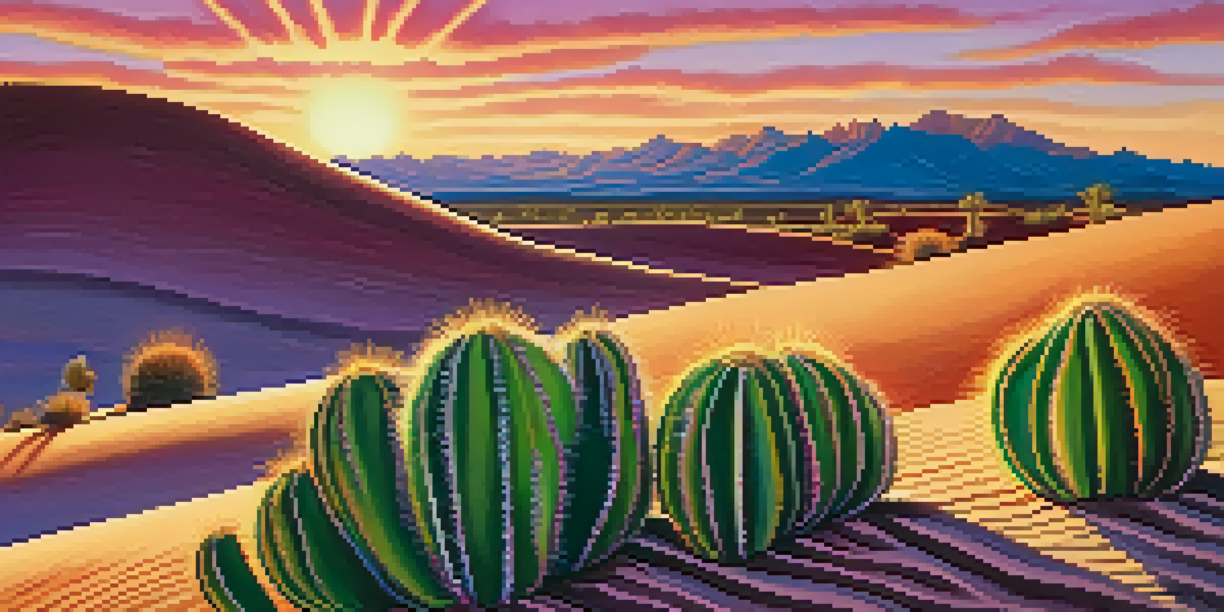 A peyote cactus in a desert landscape during sunset, with vibrant colors in the sky and soft sand dunes in the background.