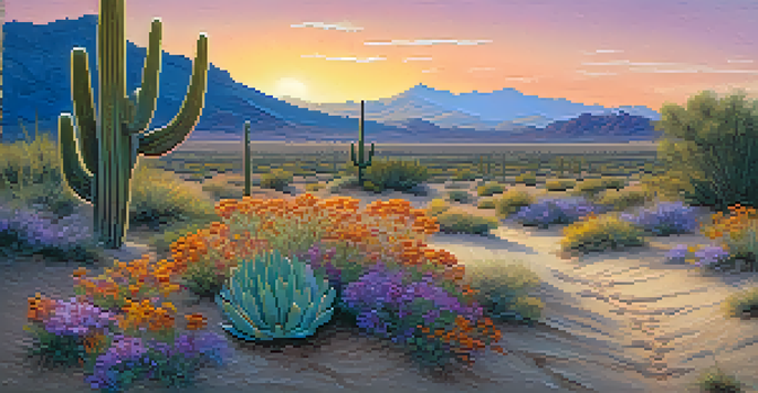 A peaceful desert scene at sunset with a small Peyote cactus and vibrant wildflowers under a colorful sky.