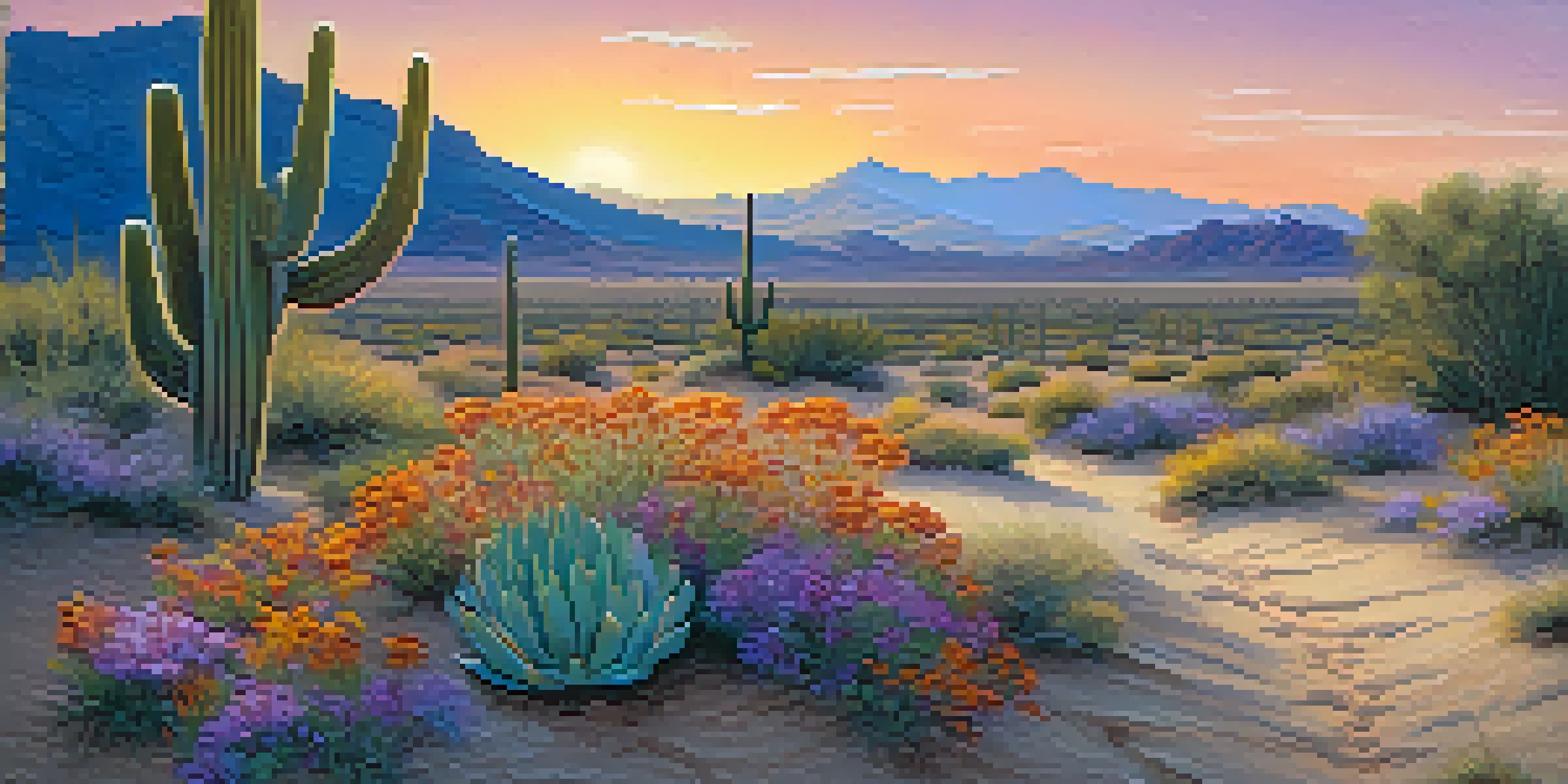 A peaceful desert scene at sunset with a small Peyote cactus and vibrant wildflowers under a colorful sky.