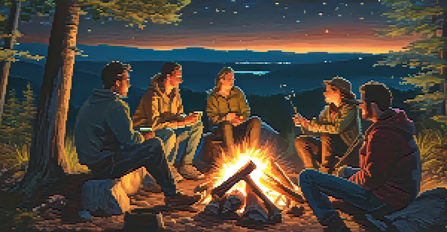 Friends gathered around a glowing campfire at night, sharing stories under a starry sky, highlighting community and connection.