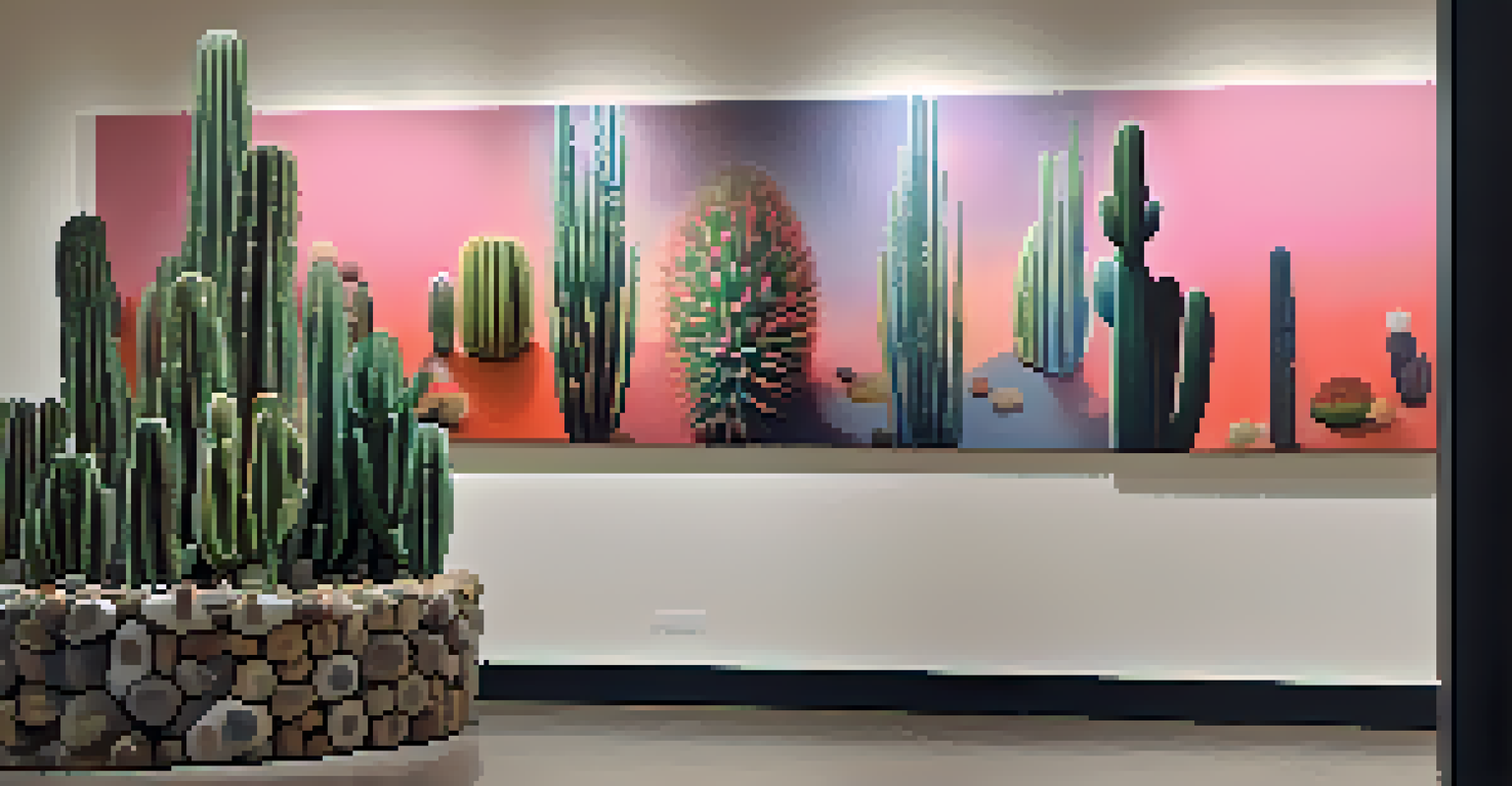 An artistic installation of peyote cacti in a contemporary gallery, surrounded by colorful abstract art.