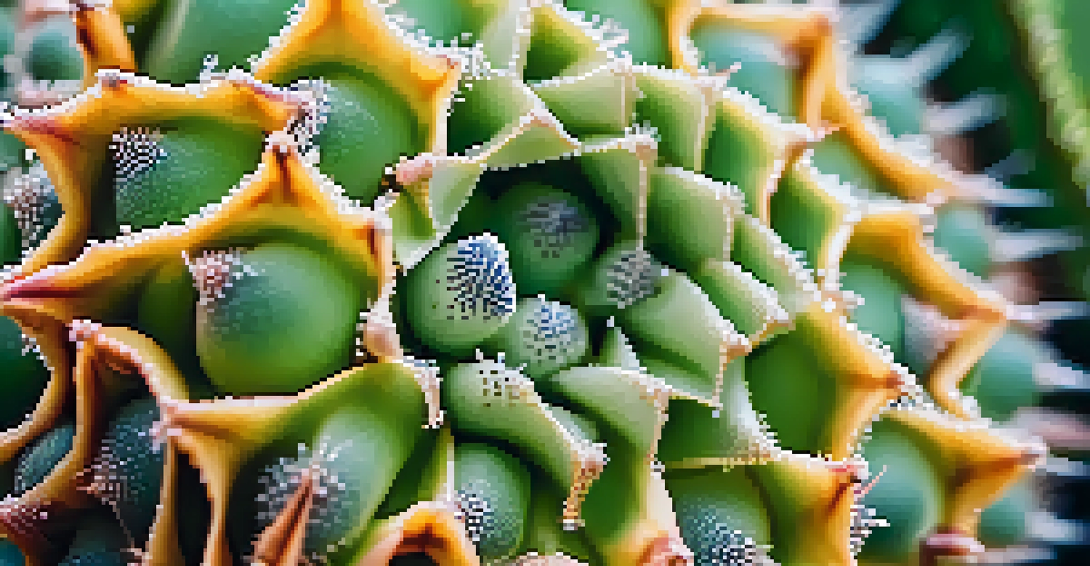 Close-up of a peyote cactus with dew droplets on its spines, set against a softly blurred background.