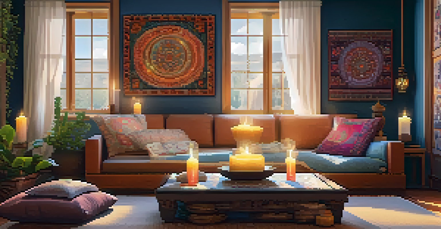 An inviting indoor space for healing, featuring cushions, candles, and traditional items on a table, with warm lighting.