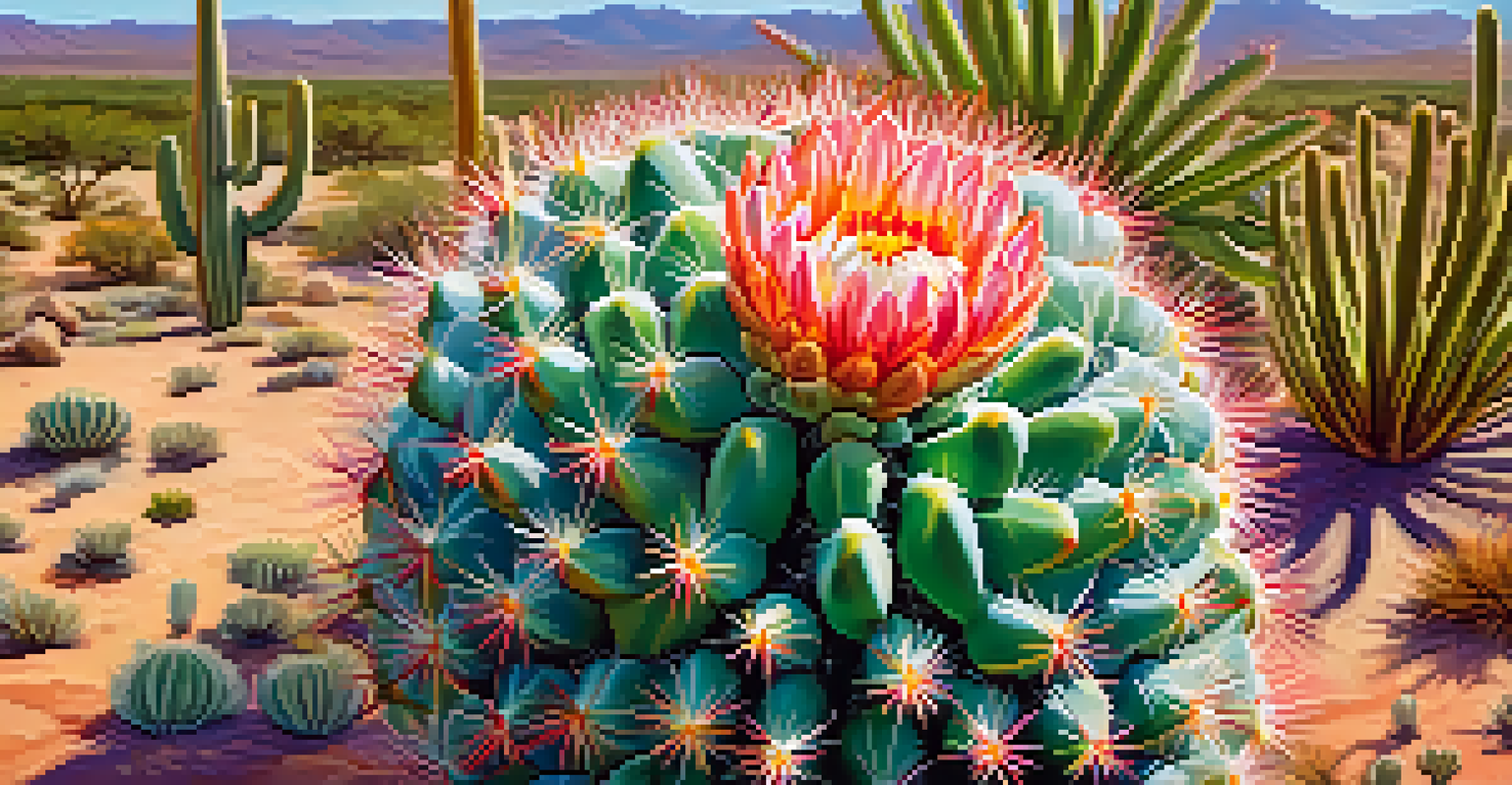 A detailed view of a peyote cactus, showcasing its spines and flowers, surrounded by green desert plants.