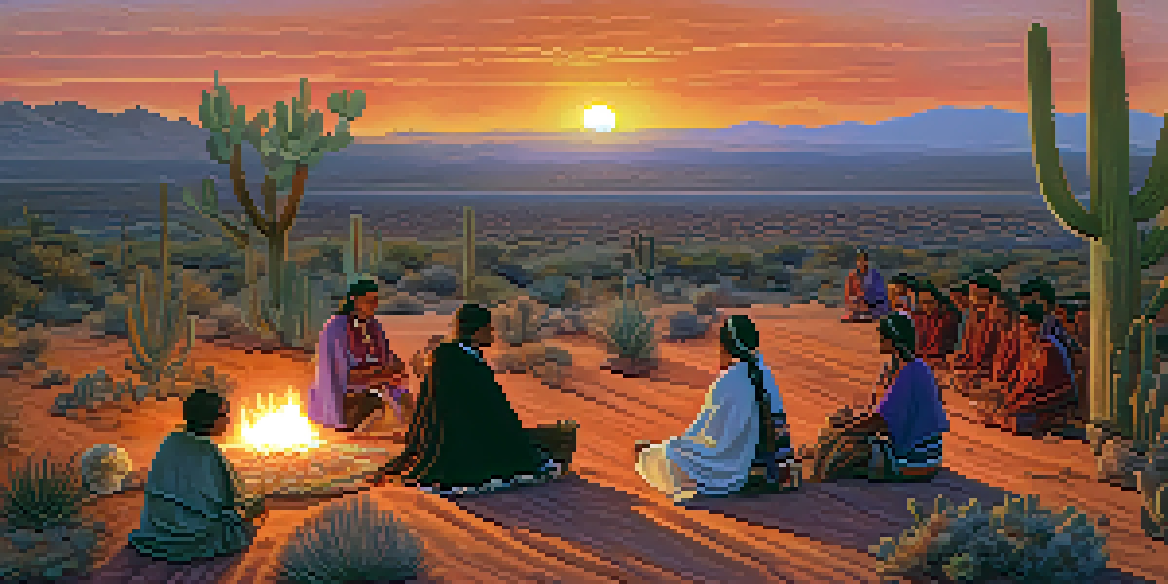 An Indigenous peyote ceremony at sunset, with participants in traditional attire gathered around a fire, colorful blankets on the ground, and a sky painted in sunset colors.
