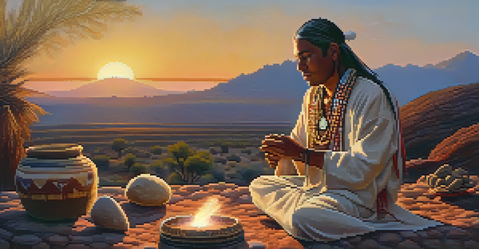 An indigenous healer performing a ritual with peyote during sunset.