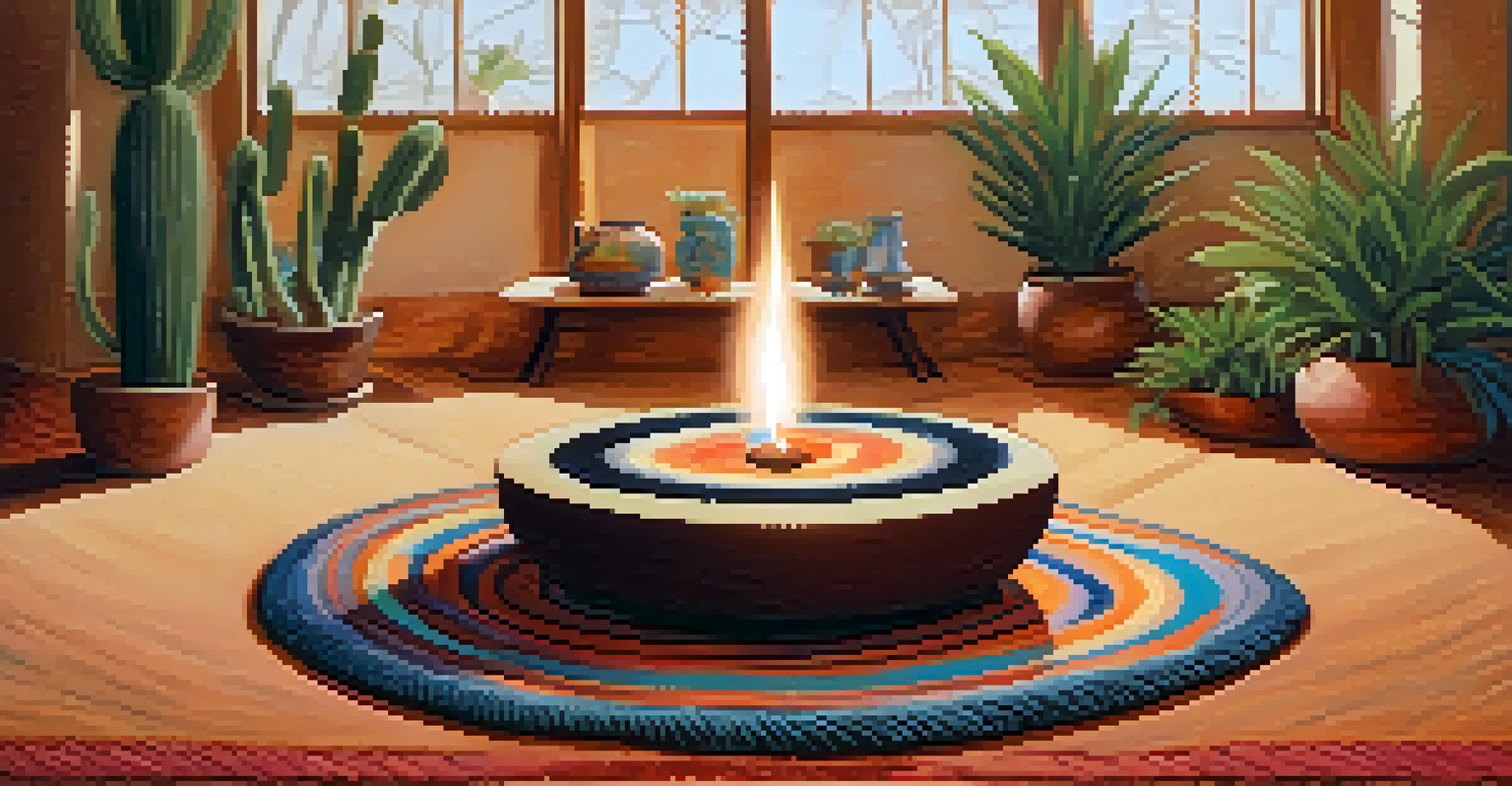 A cozy ceremonial space featuring cushions and candles, set up for a peyote ceremony, evoking a peaceful ambiance.