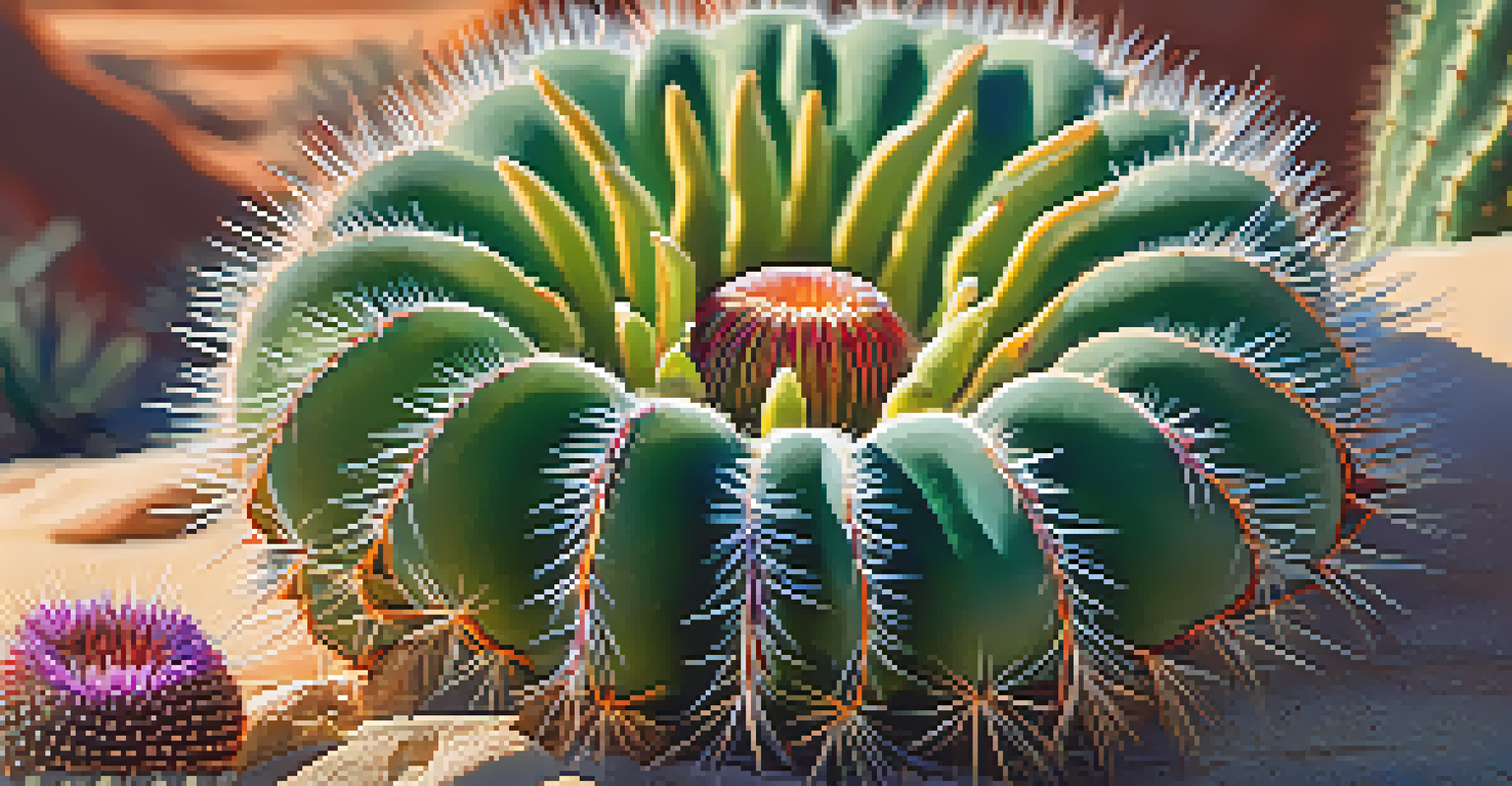 Close-up of a Peyote cactus showing its details, with a blurred desert background.