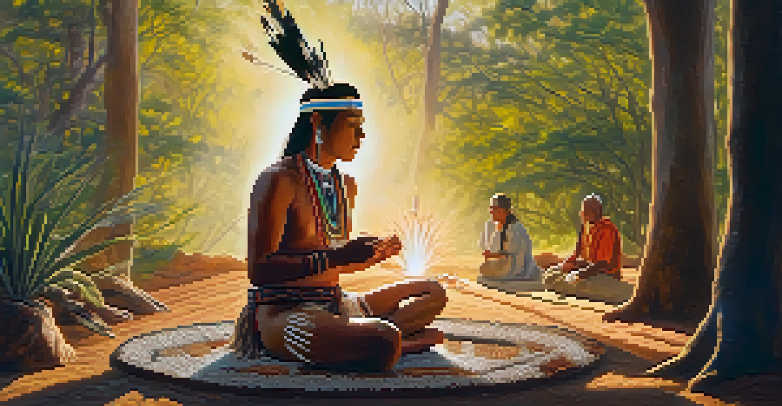 An Indigenous person in nature conducting a spiritual ceremony with Peyote, surrounded by natural elements and soft lighting.