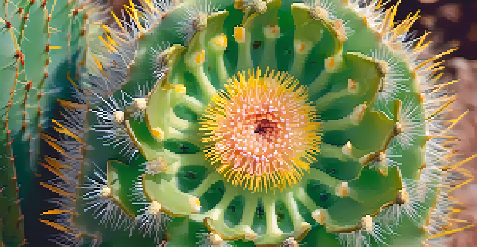 A close-up of a peyote cactus displaying its textured surface and blooming flowers, with a blurred desert background.