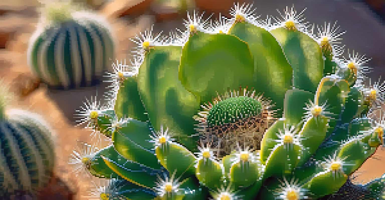 A close-up of a peyote cactus with dew drops, highlighting its green color and spiny texture, set against a blurred desert background.