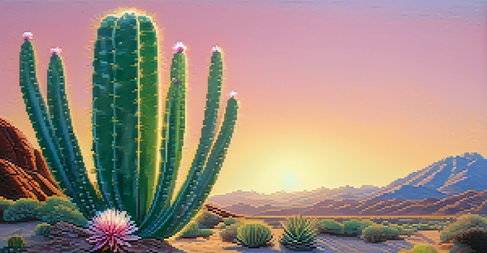 A close-up of a peyote cactus blooming in a desert landscape with mountains and a clear blue sky in the background.