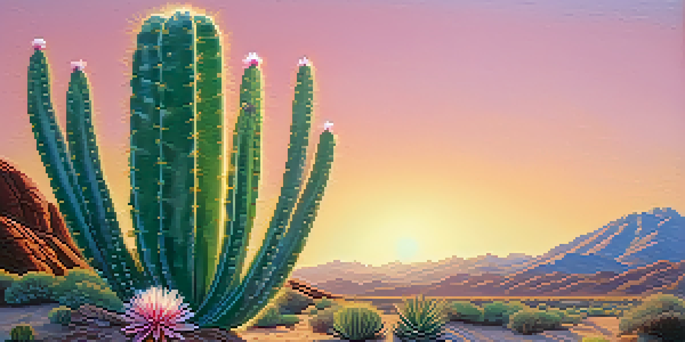A close-up of a peyote cactus blooming in a desert landscape with mountains and a clear blue sky in the background.