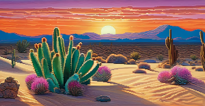 A desert landscape at sunset with a small peyote cactus in the foreground, vibrant colors in the sky, and soft sands around.