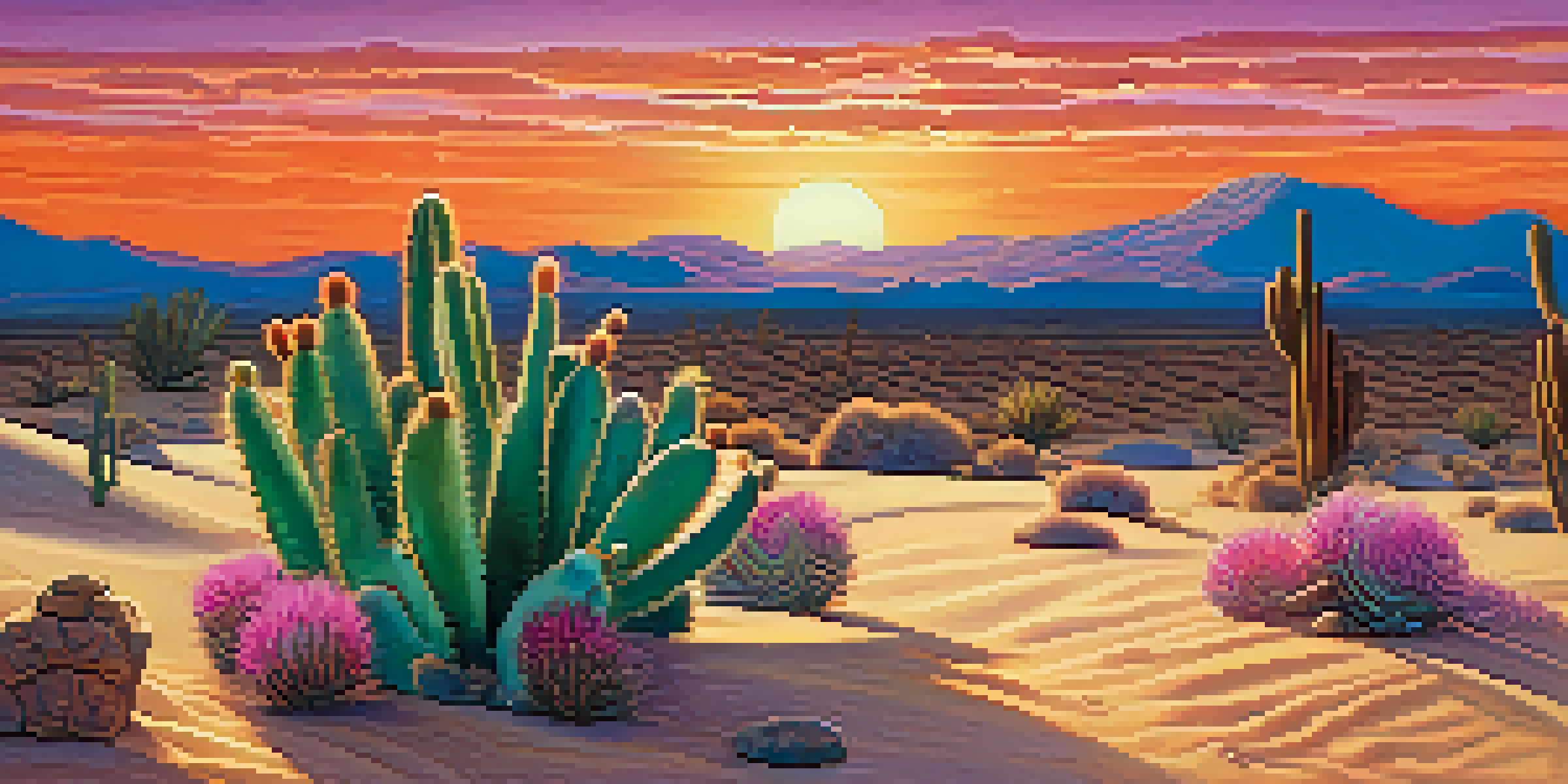 A desert landscape at sunset with a small peyote cactus in the foreground, vibrant colors in the sky, and soft sands around.