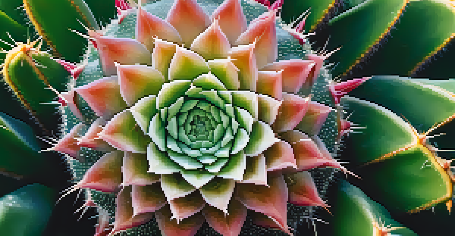 A close-up of a peyote cactus with detailed patterns, surrounded by green plants and droplets of dew.