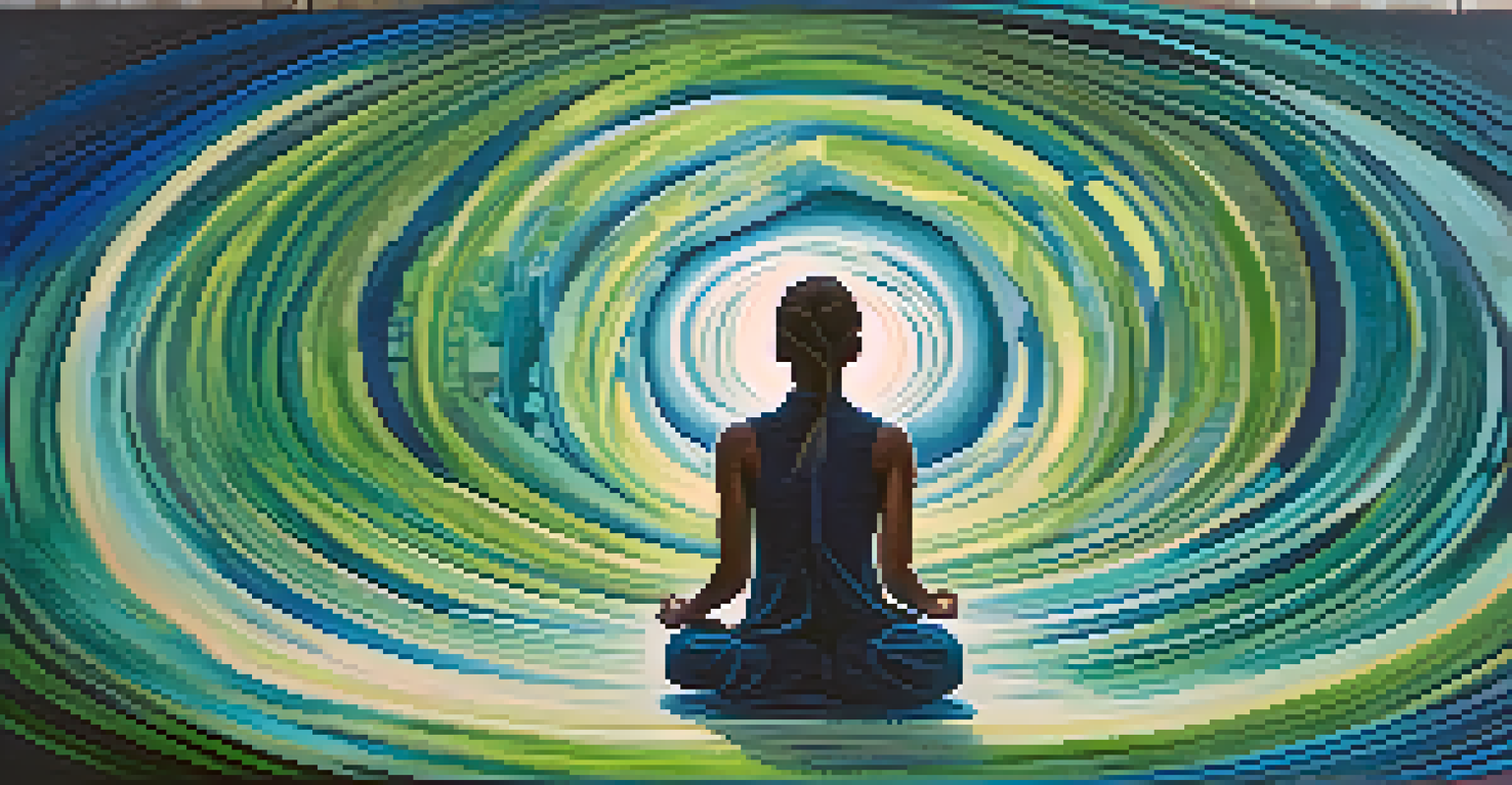An abstract image representing introspection and emotional healing with swirling colors and a silhouette of a person meditating.