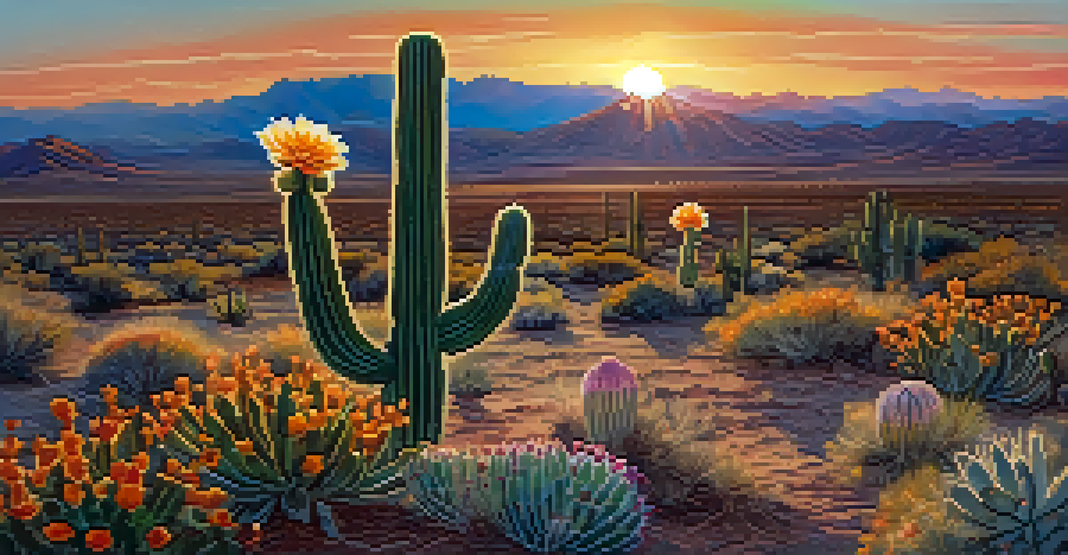 A peyote cactus surrounded by wildflowers in a desert landscape at sunset, showcasing the beauty of nature.