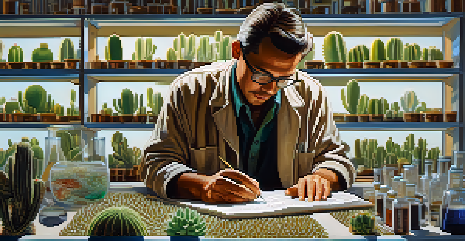 A researcher examining peyote samples in a laboratory, showcasing the blend of traditional knowledge and modern science.