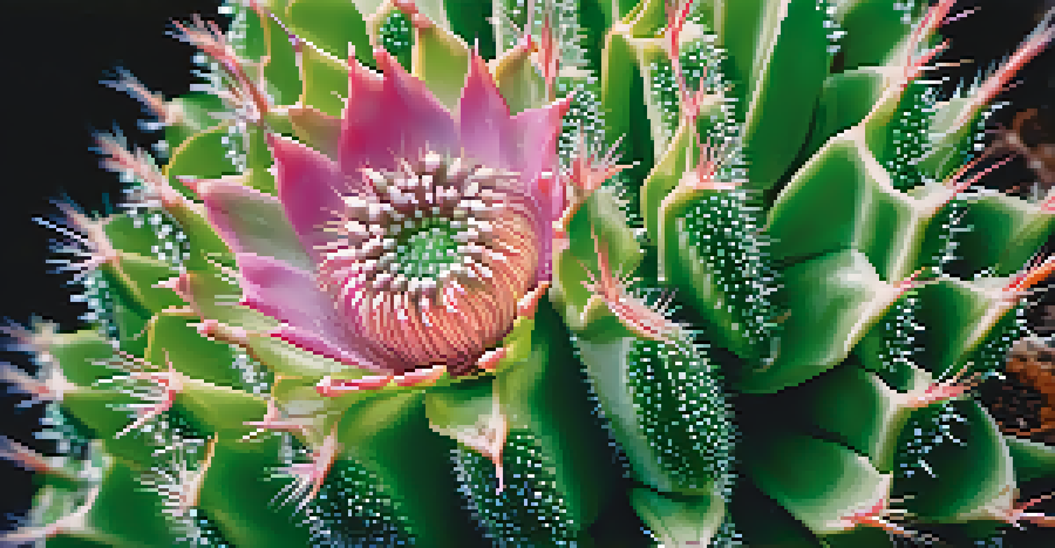 A detailed close-up of a vibrant green peyote cactus with water droplets on its surface.