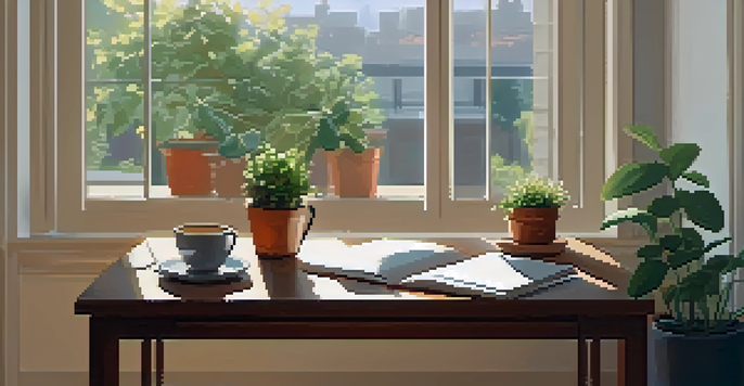 A tranquil workspace with a desk, notebook, tea cup, and plant, illuminated by soft natural light.