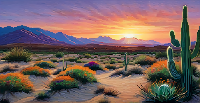 A peaceful desert scene at sunset with a close-up of a peyote cactus and colorful wildflowers.