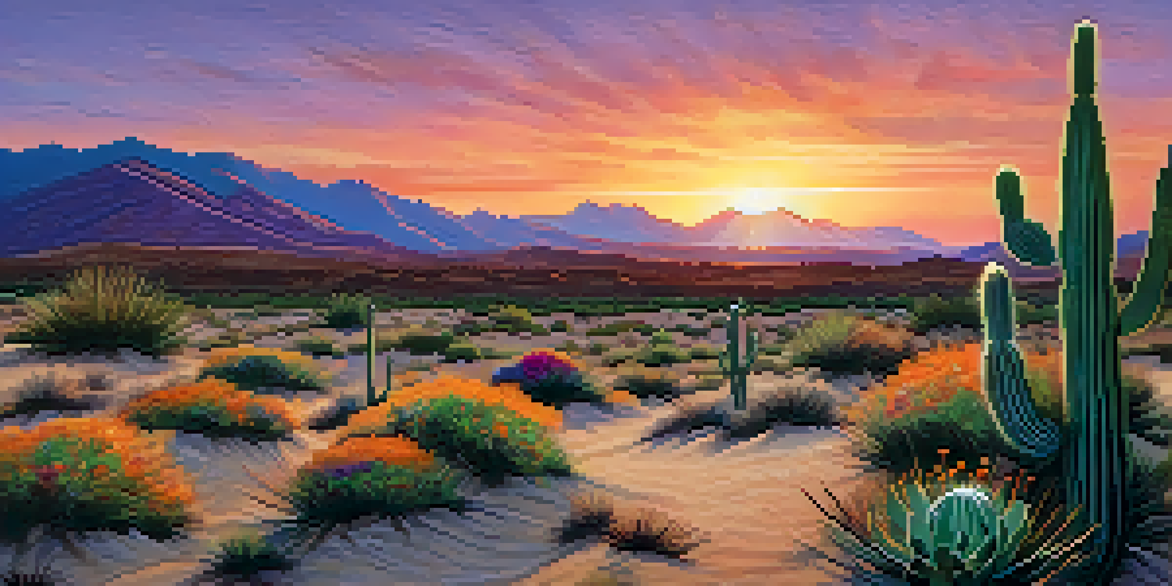 A peaceful desert scene at sunset with a close-up of a peyote cactus and colorful wildflowers.